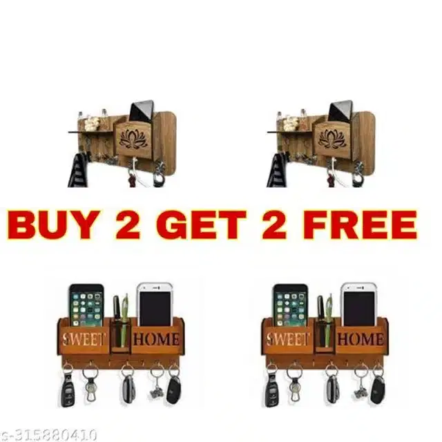 Wooden Key Holder, Brown, Pack of 4