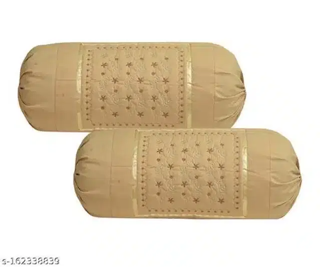 Embroidered Cotton Bolster Cover, Beige, 16x20 inches, Pack of 2