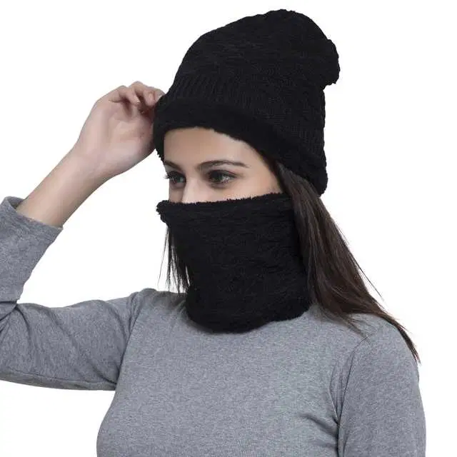 Women's Winter Cap (Black, Free Size) (TG-1)