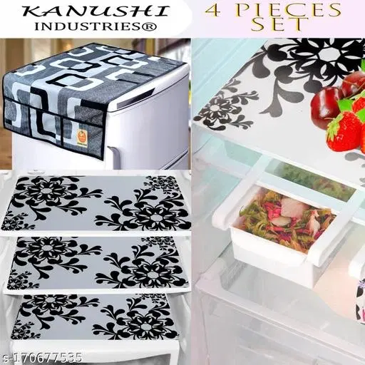 KANUSHI Industries® 1 Pc Fridge Cover for Top with 6 Utility Pockets + 3 Fridge Mats ( FRI-BLACK-BOX-TOP+M-2)