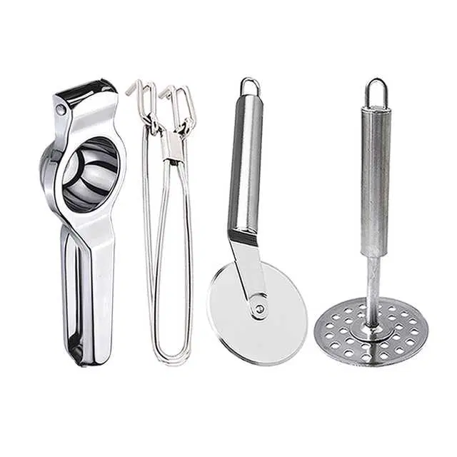 Stainless Steel Lemon Squeezer & Pakkad & Pizza Cutter & Potato Masher For Kitchen, Set of 4, OC-055