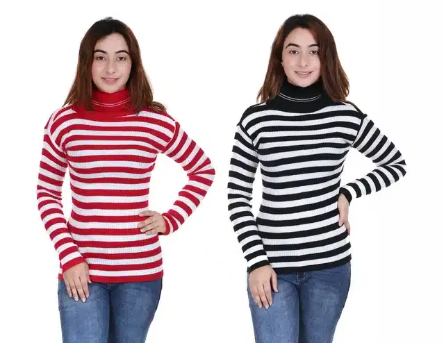 Full Sleeves Striped Sweater for Women, Pack of 2 (White & Red, M)