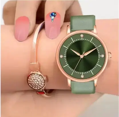 Round Dial Analog Watch with Bracelet for Women, Green, Set of 2)