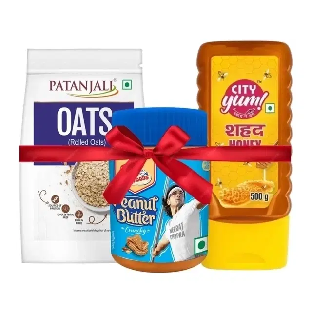 Healthy Breakfast Starter Pack (City Yum Honey Squeezy Bottle 500 g + Dr. Oetker FunFoods Peanut Butter Crunchy 210 g + Patanjali Oats 200 g)