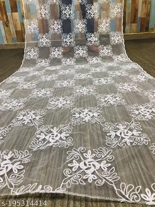 Floral Embroidered Net Dupatta for Women (White, Free Size)