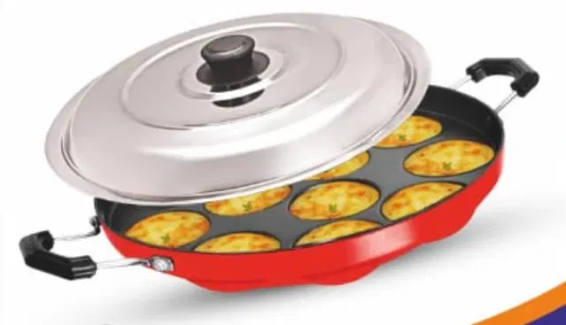 ZODEX 12 Cavities Non Stick Appam Patra with Lid and Side Handle, Multicolor, 21 cm