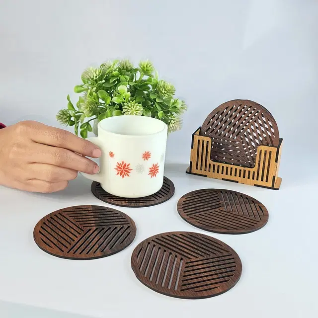 MDF Wooden 6 Pcs Coasters with Stand, Brown, Set of 1