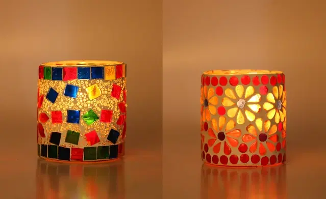 Glass Decorative Tea Light Holders, Multicolor, Pack of 2