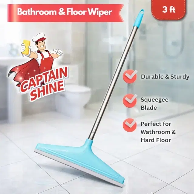 Captain Shine Bathroom & Floor Wiper, 12" Squeegee Blade, 3ft Rod Size
