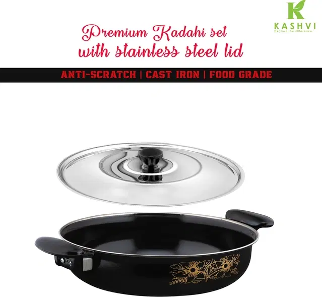 Cast Iron Kadai with Lid, Black & Silver, 28 cm