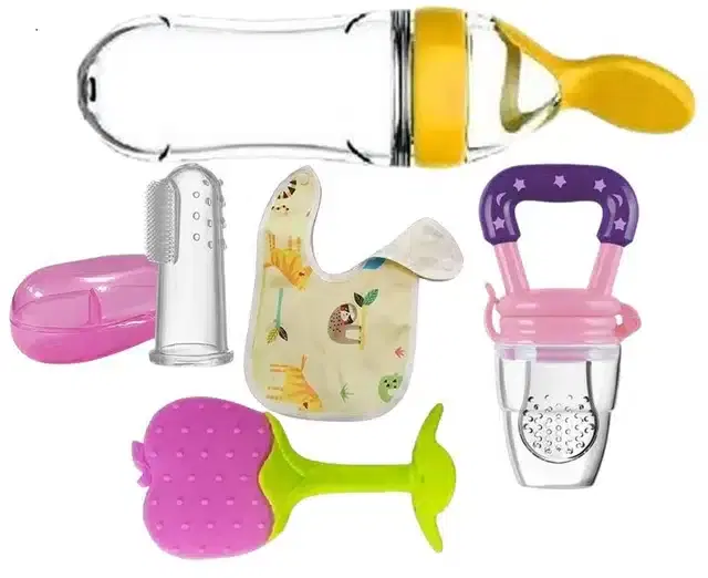 Silicone Fruit & Food Feeder, Bid, Teether with Finger Toothbrush for Kids, Multicolor, Set of 5