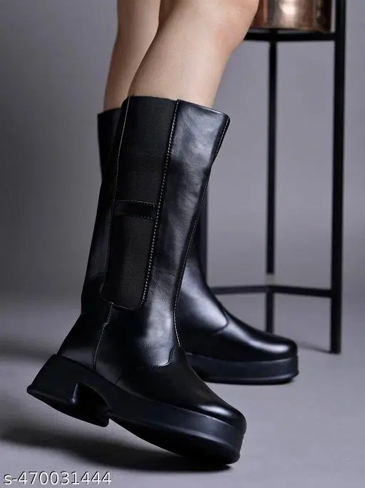 Shoetopia Solid Synthetic Block Heeled Boots Black (IND-3)