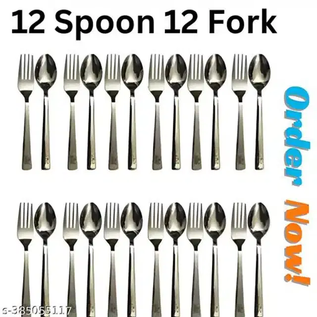 Stainless Steel 12 Pcs Spoons with 12 Pcs Forks, Silver, Set of 2