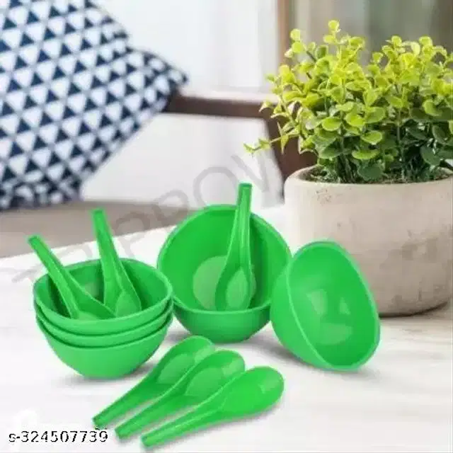 Plastic 6 Pcs Bowls, 250 ml with 6 Pcs Spoons, Green, Set of 2