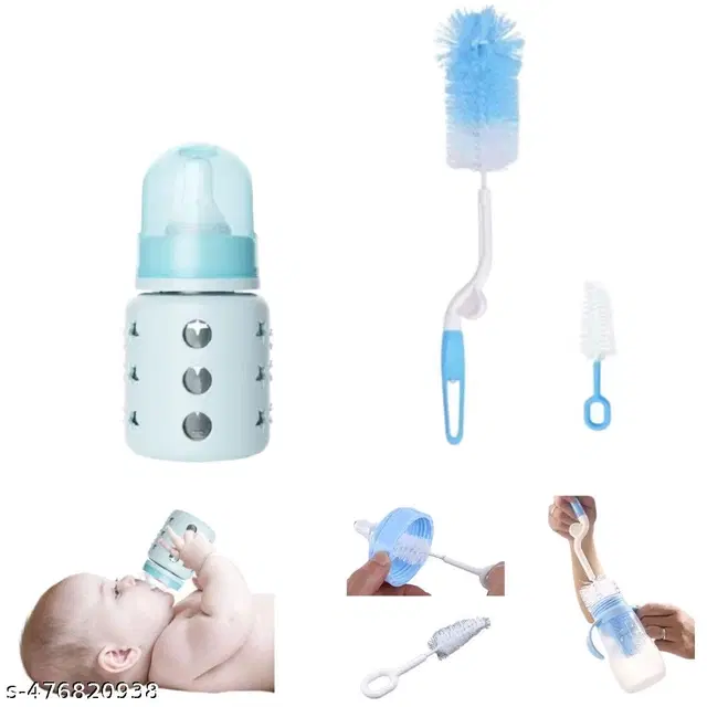 Combo of Milk Bottle, 60 ml with Bottle & Nipple Cleaning Brushes, Multicolor, Set of 3