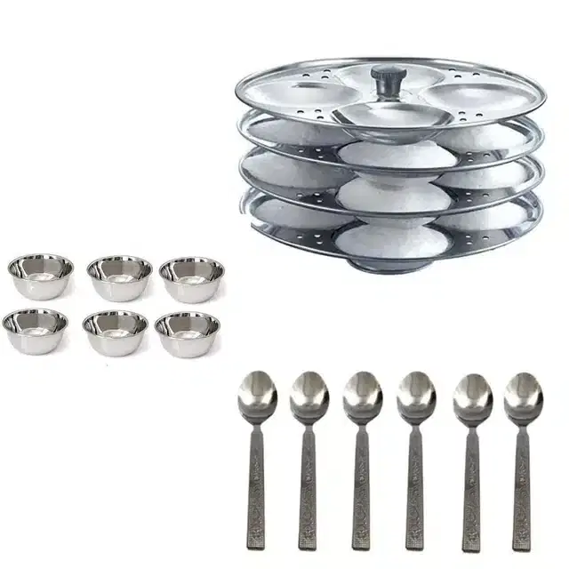 Stainless Steel 6 Chatni Katori,6 Steel Chammach & Idli Making Stand, Combo of 3