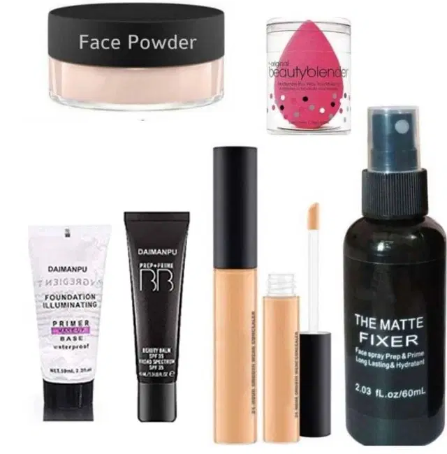 Combo of Fixer, Beauty Blender, Bb Cream,  Liquid Shimmer Illuminator, Concealer, Eye Lashes & Lipsticks for Women, Multicolor, Set of 6