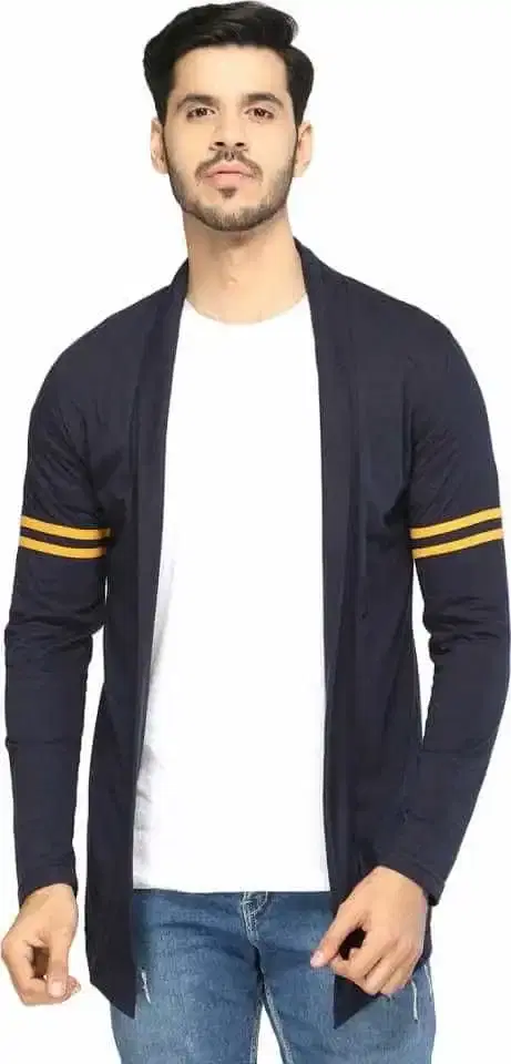 Glito Solid Stylish Mens Shrug/Cardigan With Yellow Strip (Navy Blue, M)