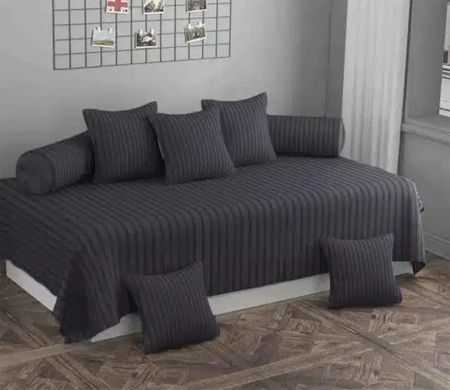 Cotton Striped Diwan Covers Set, Dark Grey, Pack of 8