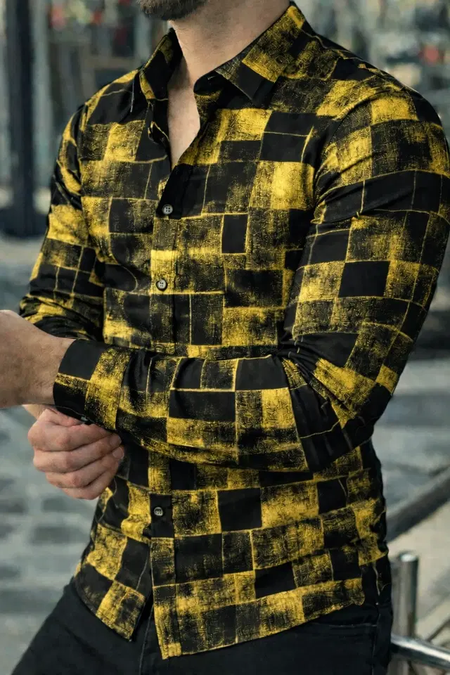 Lycra Geometric Print Shirt for Men, Yellow (S)