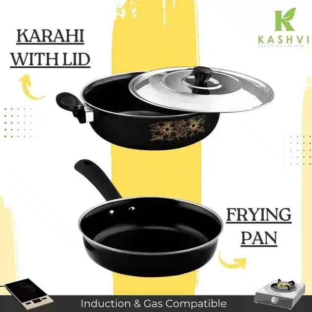 Non Stick Kadai with Stainless Steel Lid & Frying Pan, Black, Set of 2
