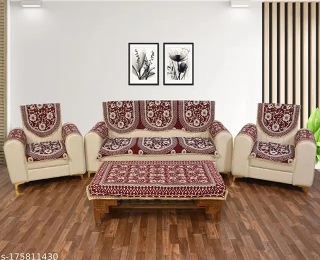 Polycotton 5 Seater Sofa Covers with Table Cover, Red, Set of 2