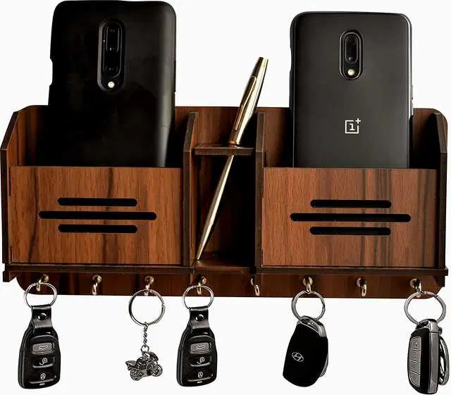 Wood 2 Pocket Mobile & Key Holder For Home Decor, Brown, NC-007