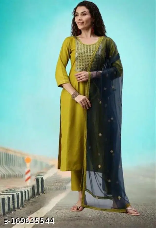 Cotton Blend Embroidered Kurta with Pant & Dupatta for Women (Multicolor, S)