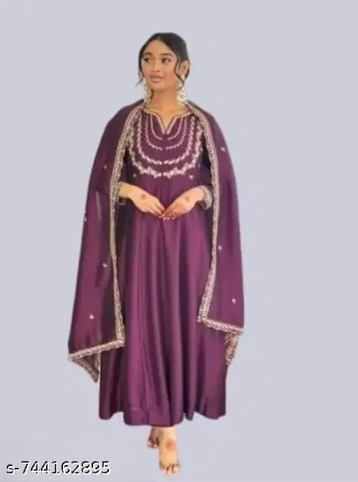 Art Silk Embroidered Kurta Set for Women (Purple, M)