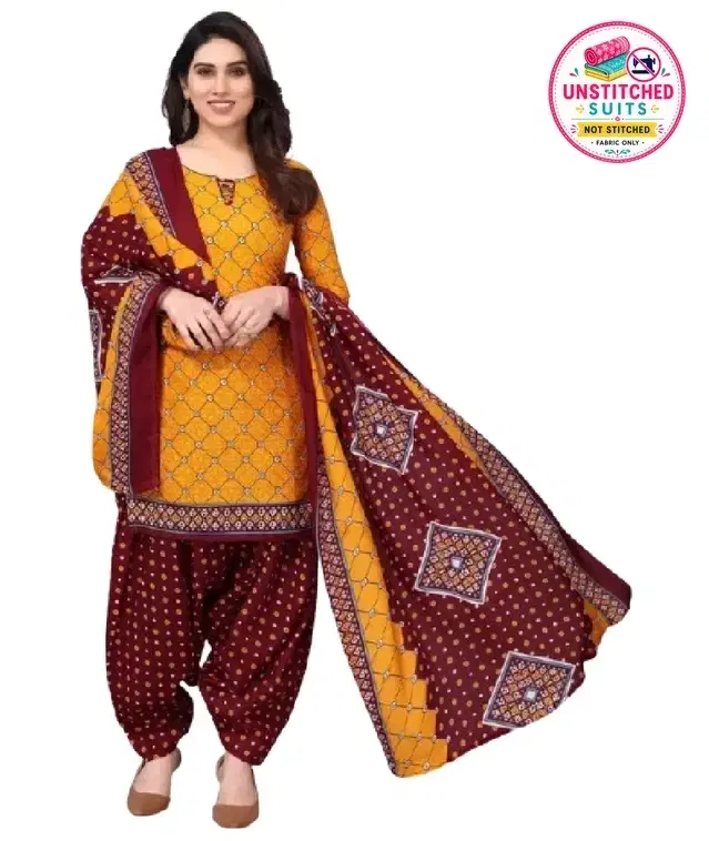 Cotton Blend Printed Unstitched Suit with Dupatta for Women, Yellow(9)