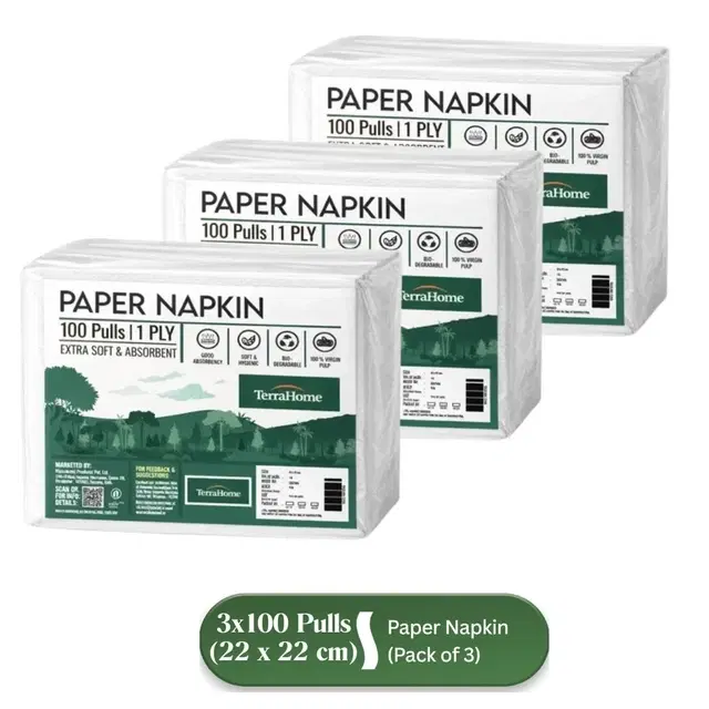 TerraHome Small Tissue Paper Napkins, 1 Ply, 22x22cm [3x100 Pieces] (Pack of 3)