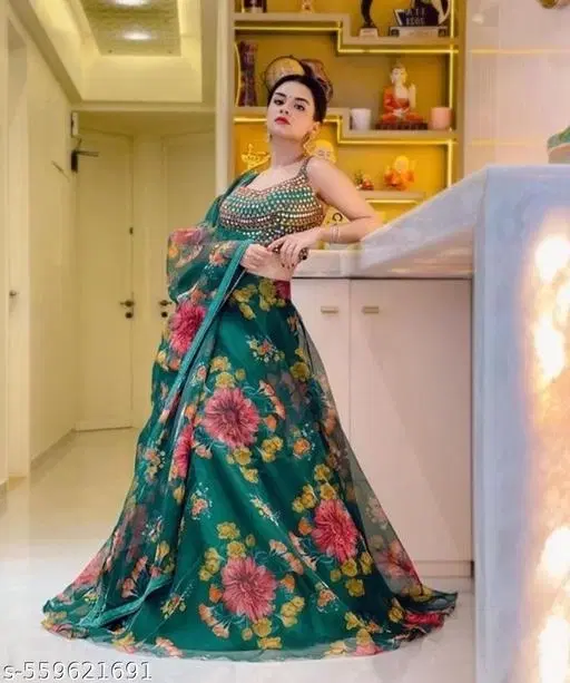Lehenga Choli for Women (Green, Semi Stitched)