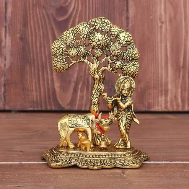 Metal Krishna With Cow Under Tree