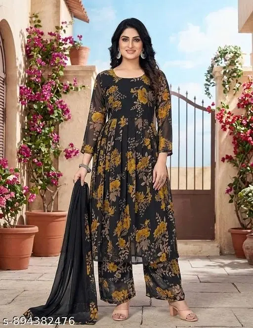 Georgette Kurta Set for Women (Black, S)