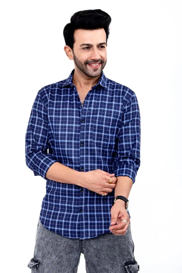 Cotton Blend Checked Shirt for Men, Blue (XL)