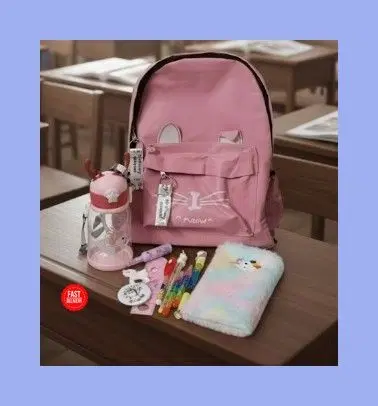 Polyester Backpack, Water Bottle, Stationery Kit for Kids, Multicolour, Set of 1