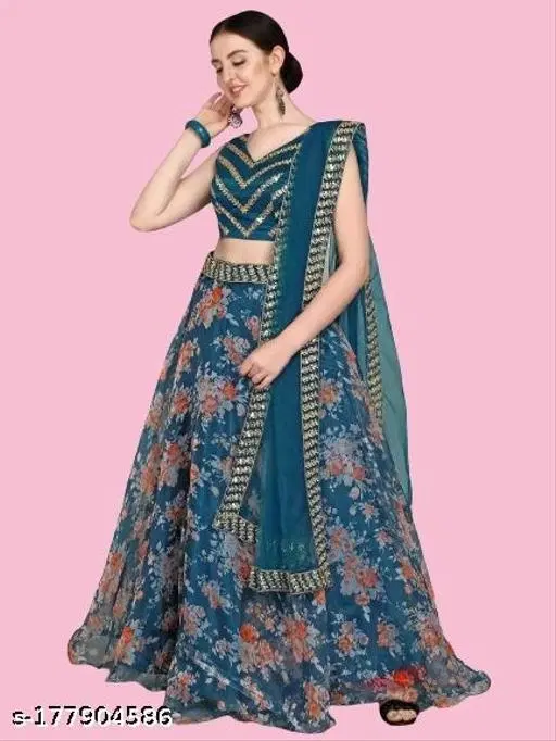 Lehenga Choli for Women (Rama, Semi Stitched)