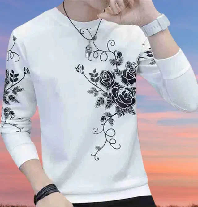 Full Sleeves Round Neck Printed T-Shirt for Men (White, M)
