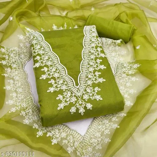 Organza Embroidered Green Patiala Suits for Women (Green, Un Stitched)