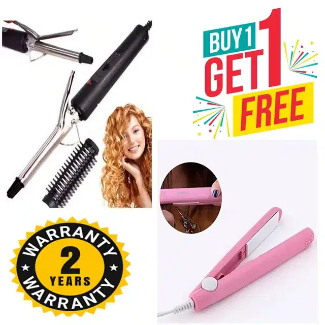 Mini Hair Straightener with Hair Curler Combo, Set of 2, Multicolor, Set of 2