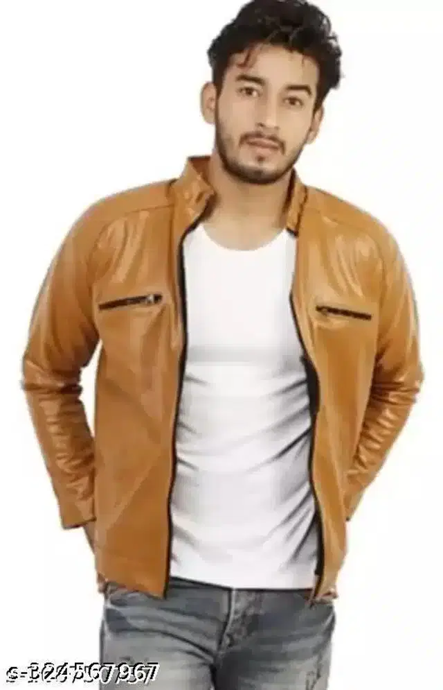 Synthetic Leather Full Sleeves Solid Jacket for Men (Light Brown, M)