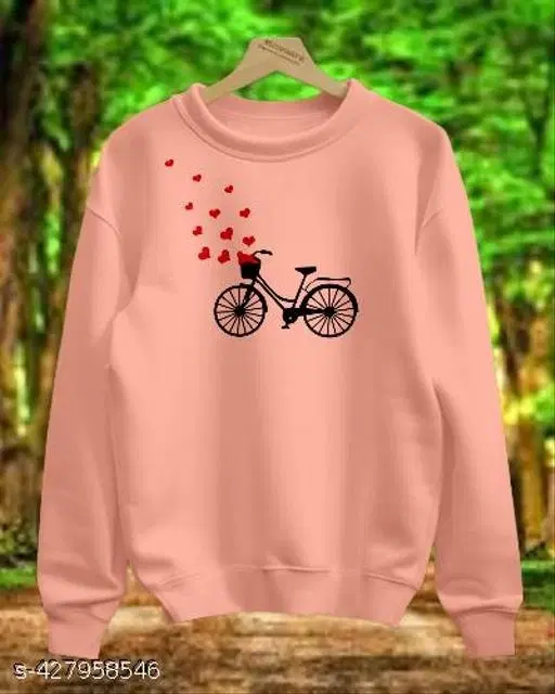 Cotton Printed Sweatshirt for Women (Peach, S)