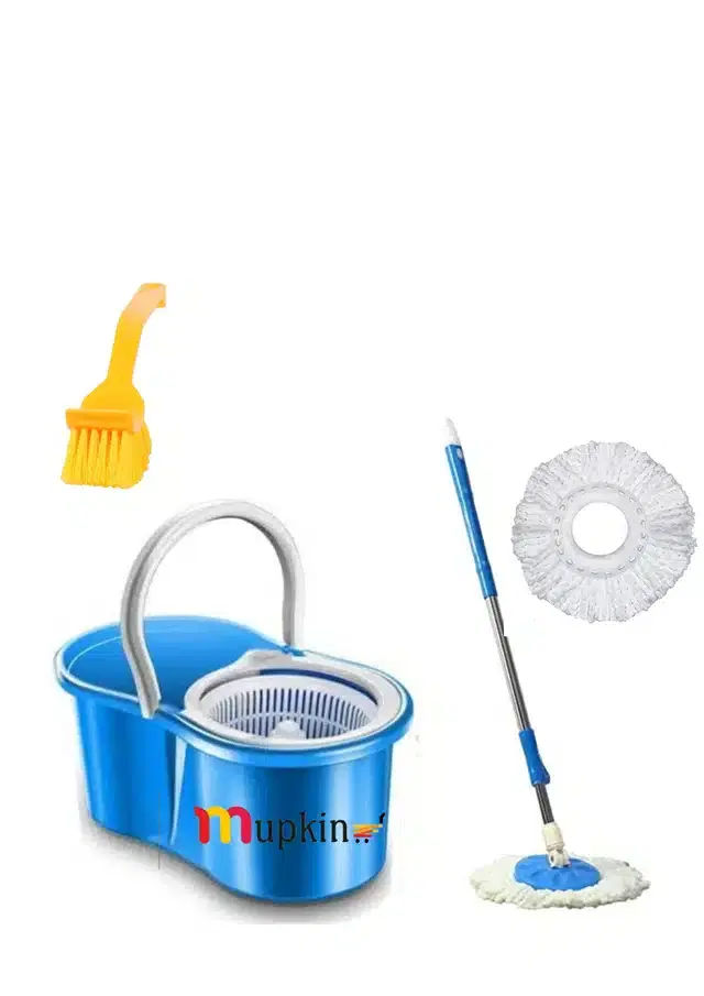 PVC Magic Spin Bucket Mop with 2 Refills & Cleaning Brush Set, Blue, Set of 2