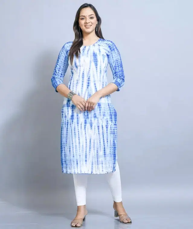 Pure Cotton Kurti for Women (White & Blue, M)