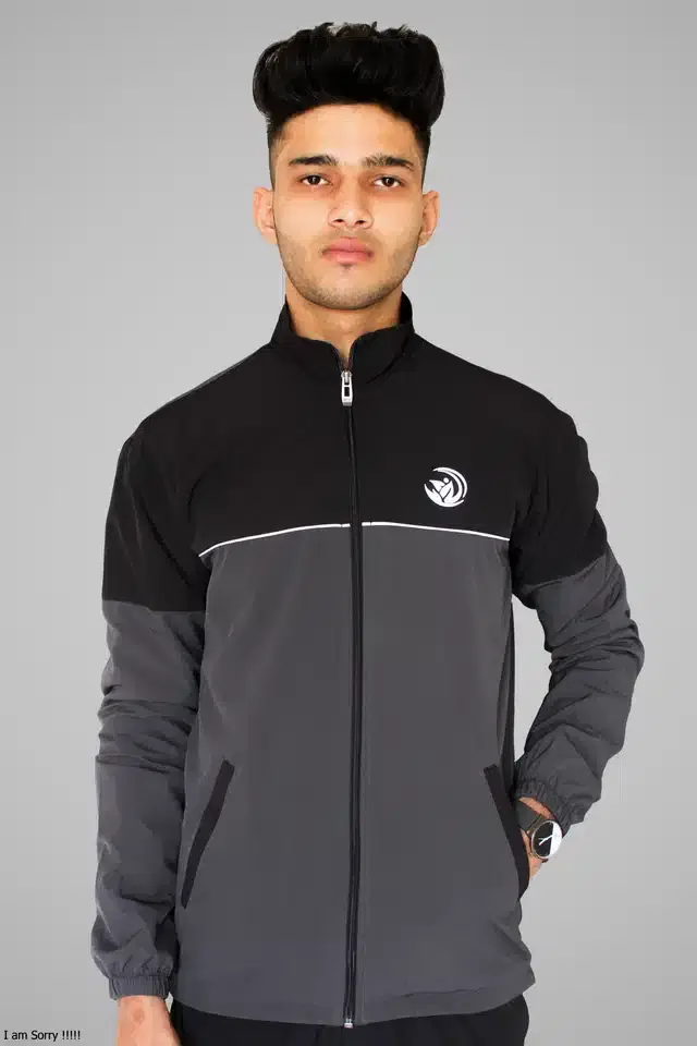 Full Sleeves Solid Sports Jacket for Men (Grey, S)