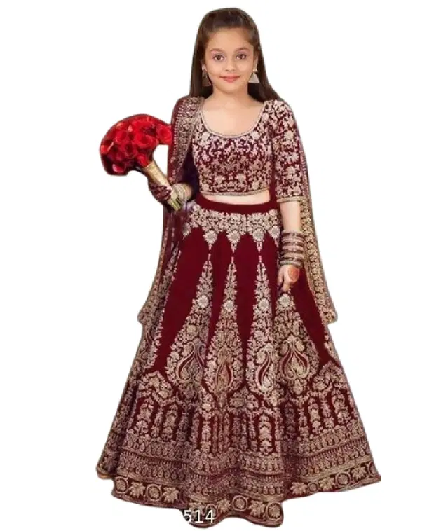 Satin Lehenga Cholis with Dupatta for Girls (12-13 Years, Maroon)