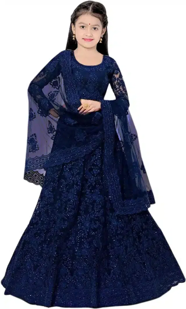 Net Embroidered Semi Stitched Lehenga for Girls (Blue, 3-4 Years)