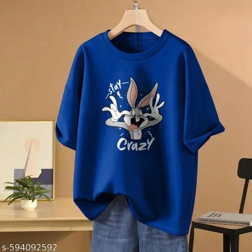 Cotton Blend Printed T-shirt for Women, Blue (XXS)