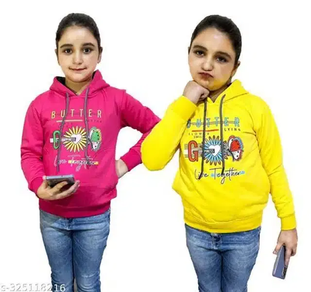 Fleece Printed Full Sleeves Hooded Sweatshirts for Girls, Pack of 2 (Pink & Yellow, 3-4 Years)