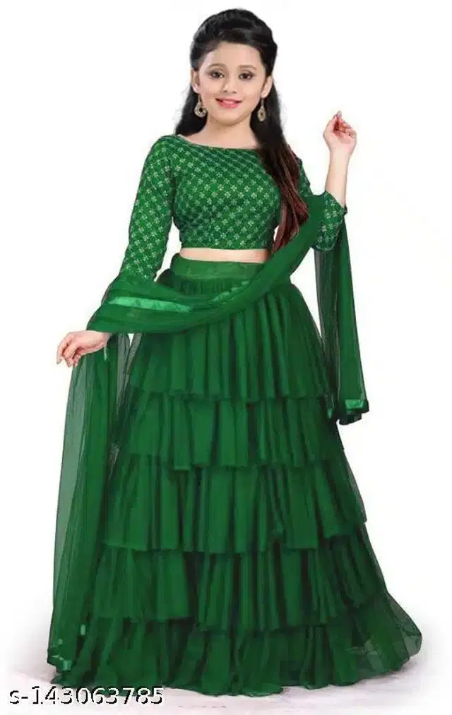 Satin Lehenga Choli With Dupatta for Girls (Green, 5-6 Years)